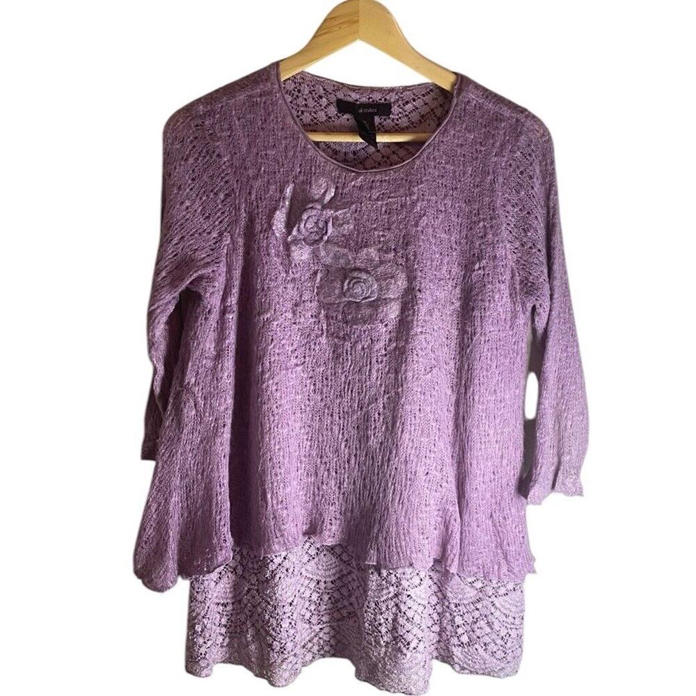 Ali Miles Women's Lavender 3/4 Sleeve Sequin Lace Trim Size PL